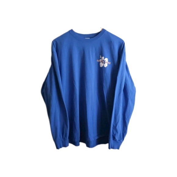 Trader Joe's T-Shirt Light Blue Long Sleeve Graphic Hibiscus Crewneck Mens Sz XL - Picture 1 of 8